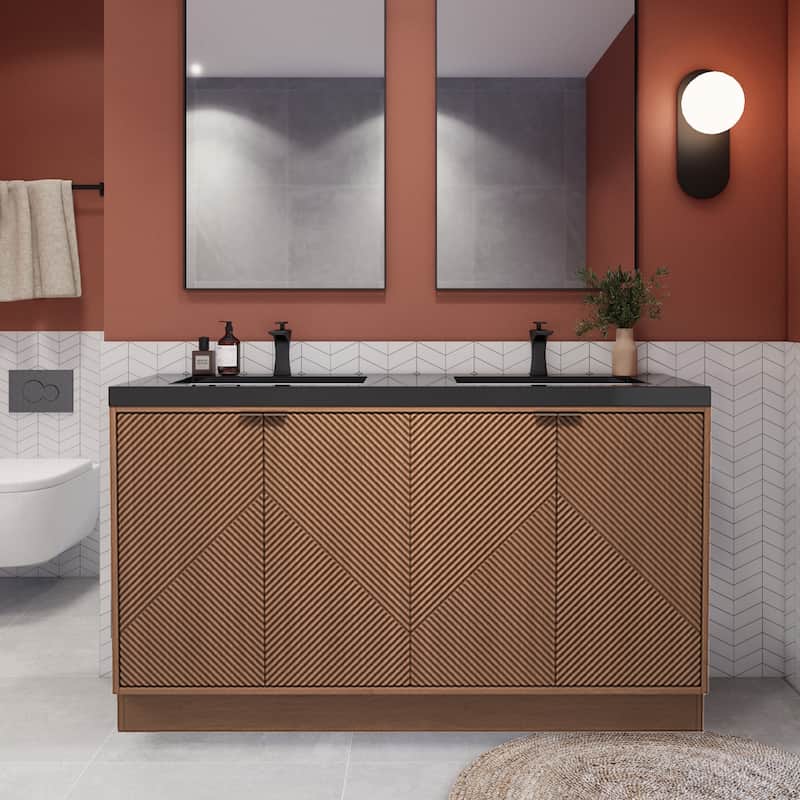 Milano 60" Freestanding Bathroom Vanity with Double Black Acrylic Sink - 59.06" x 19.49" x 35.46'' - Chestnut Brown