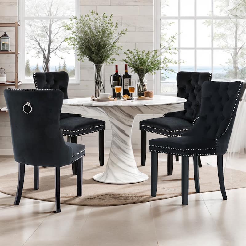 Set of 2 Hollywood Glam Velvet Dining Chairs – Tufted Back with Nailhead Trim and Ring Pull, Modern Accent Side Chairs