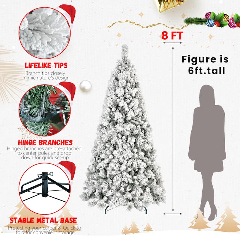 Flocked Artificial Christmas Tree - Snowy PVC & Hard Needle Branches, Hinged Structure, Metal Stand - Green,White