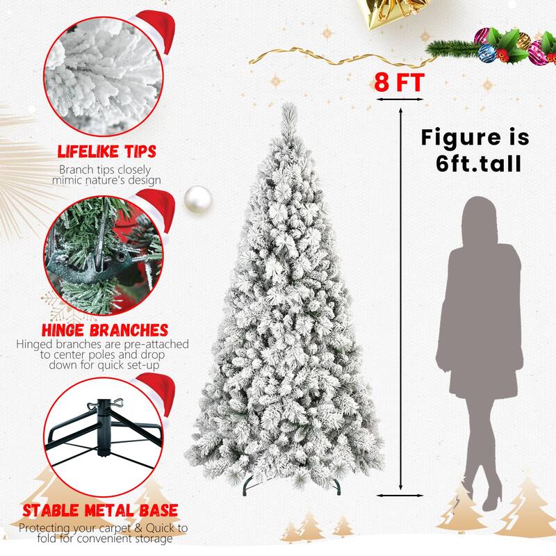 Pre-Lit Flocked Christmas Tree - Warm White LED Lights, Snowy Branches, Hinged Design, Metal Stand - Green,White