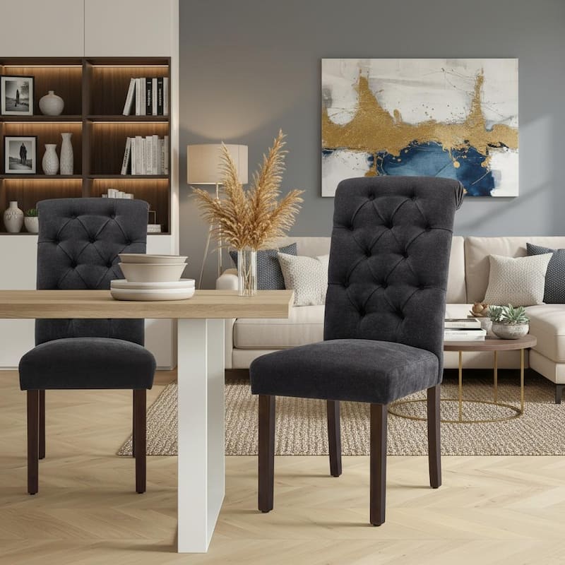 RENEWLINE Tufted Parsons Dining Side Chairs ,Upholstered Fabric Dining Chairs Kitchen Chairs with Padded Seat(Set Of 2) - Black