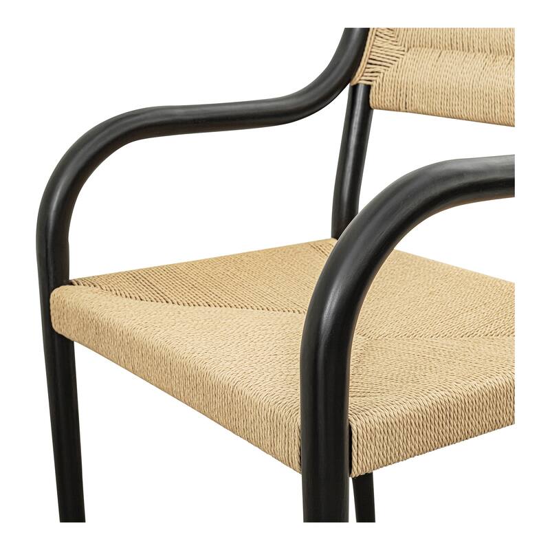 NADAAL STUDIOS Theren Dining Chair, Woven Paper Rope, Curved Arms, Solid Rubber Wood Frame, Black
