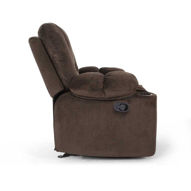 Brown Fabric Manual Recliner with Dual Cup Holders and Generous Dimensions