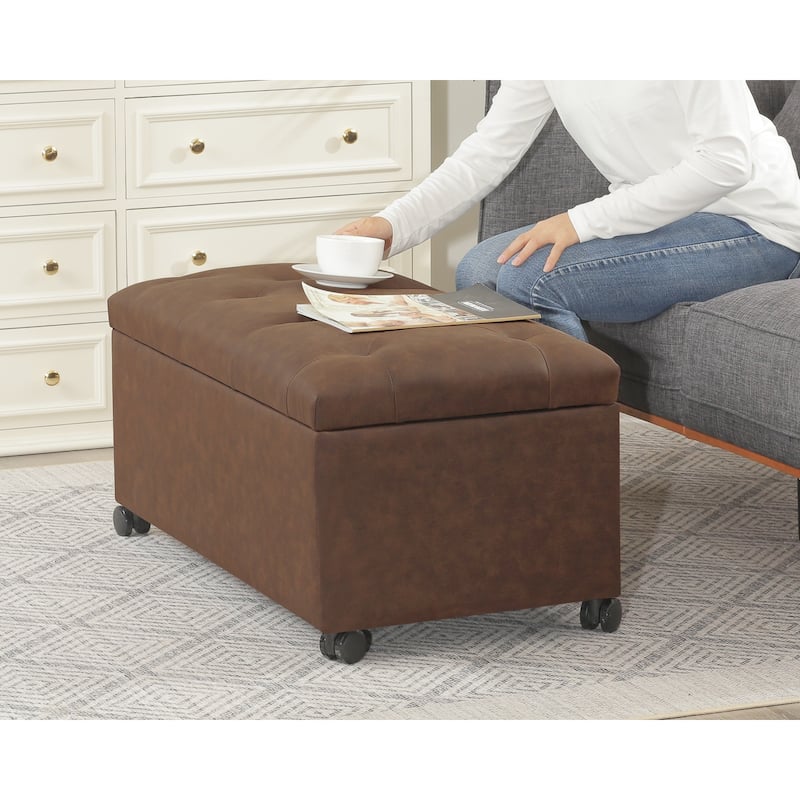 Adeco 35" Storage Ottoman Tufted Faux-Leather Lifted Top Bench