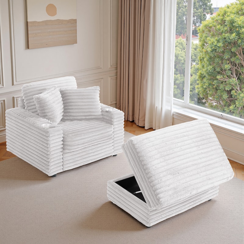 Modern Oversize Plush Corduroy Accent Chair Chaise Lounge with Storage Ottoman