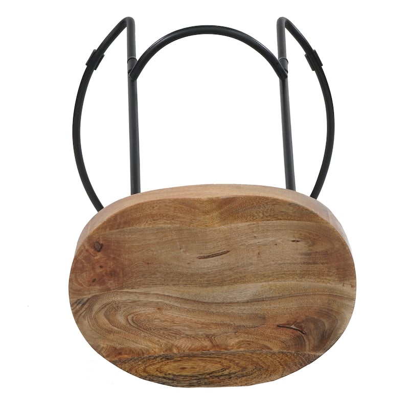 30 Inch Handcrafted Backless Counter Height Barstool Natural Brown Mango Wood Saddle Seat Black Iron Base
