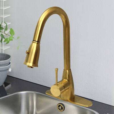 Brushed Gold Kitchen Faucet with Deck Plate, Single Level Handle and Pull Down Sprayer - 16"X 8.2"