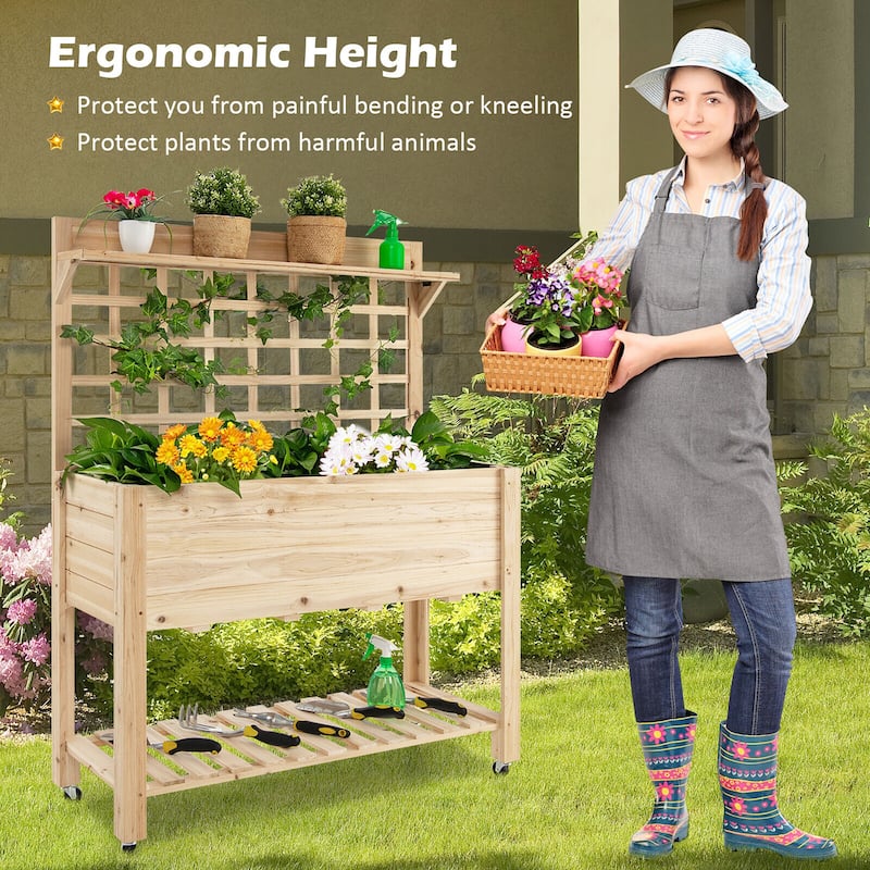 Gymax Raised Garden Bed Mobile Elevated Wooden Planter Box w/ Wheels
