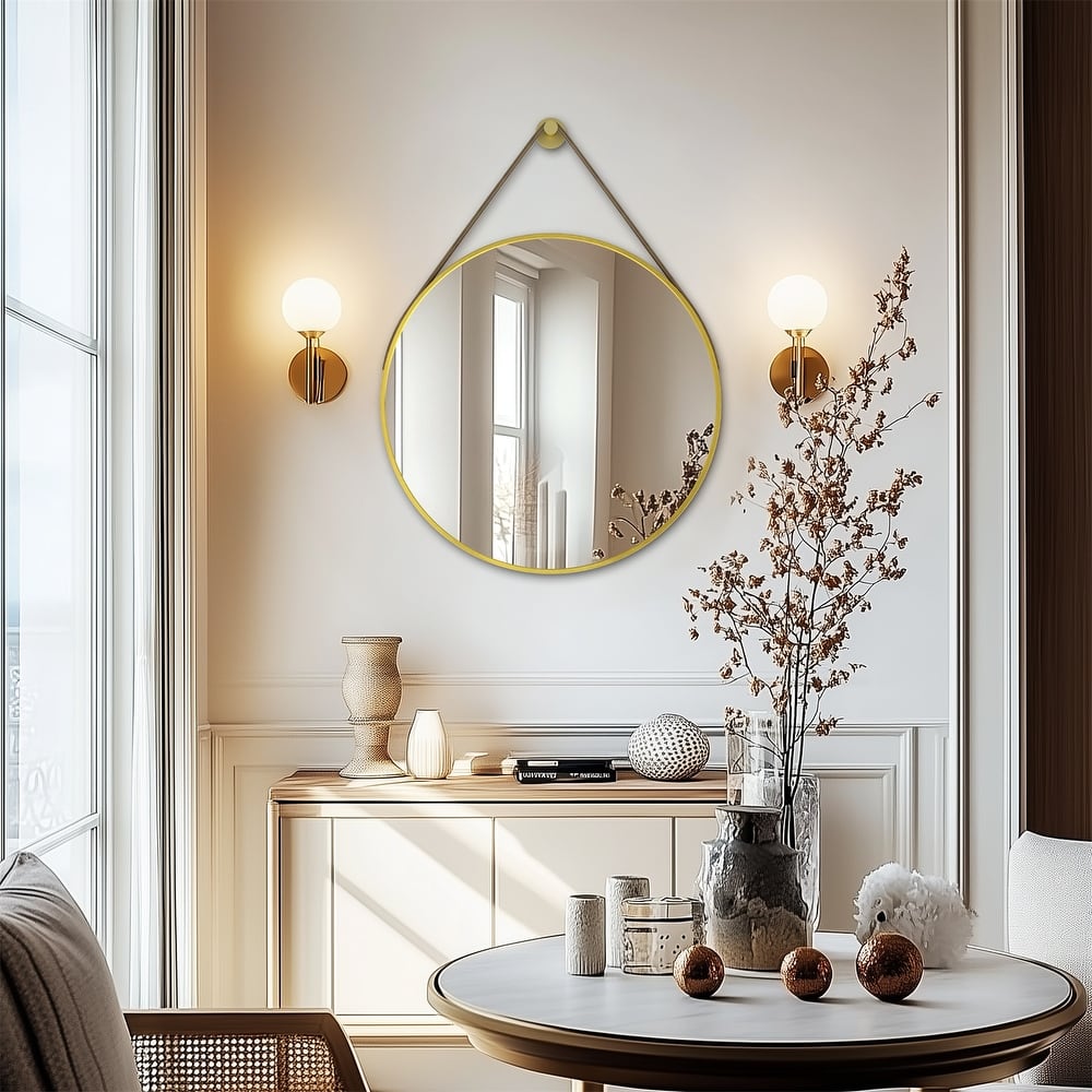 Round Wall Hanging Bathroom Vanity Mirror with Leather Strap Black Aluminum Frame