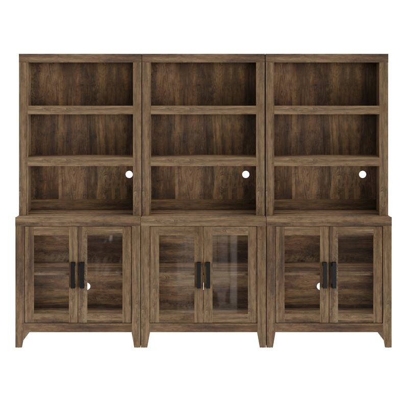 WAMPAT 3 Tier Bookshelf with Glass Door, 74" Tall Bookcase with Adjustable Shelf and Storage Cabinet, Farmhouse Wooden Bookshelf