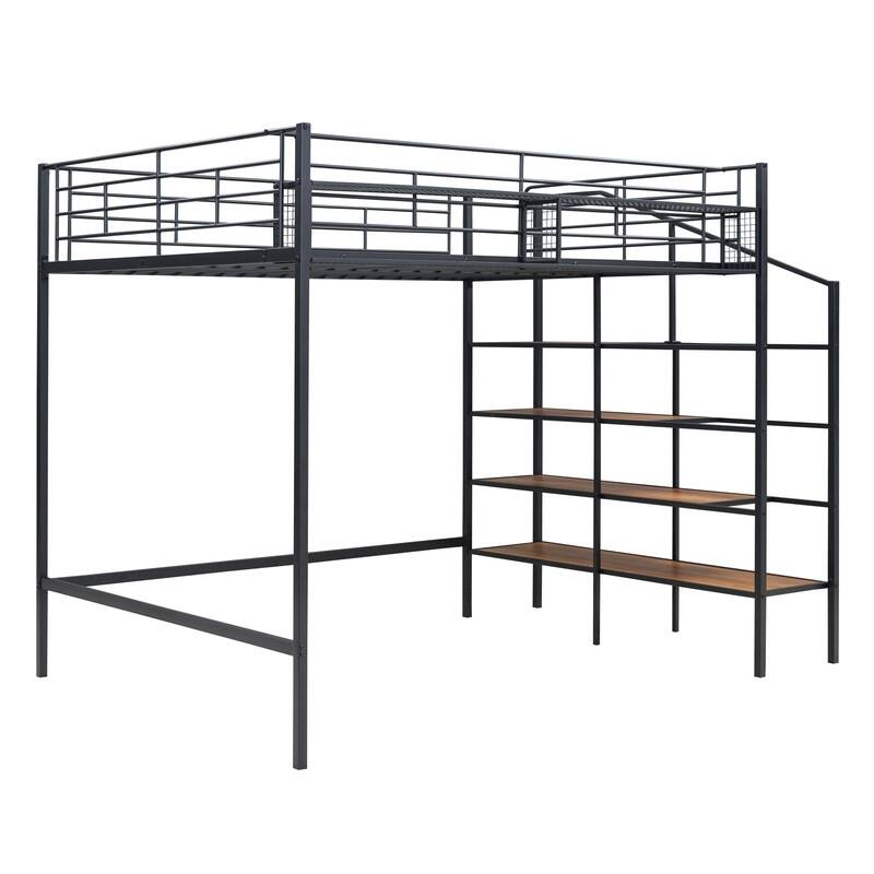 Twin/Full Size Metal Loft Bed w/ Storage Stairs, Heavy Duty Loft Bed