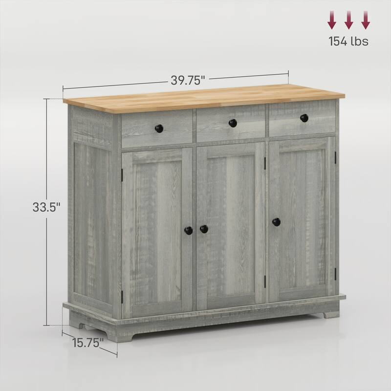 Sideboard with Solid Wood Countertop, Modern Kitchen Storage Cabinet, Coffee Bar Cabinet with 3 Drawers