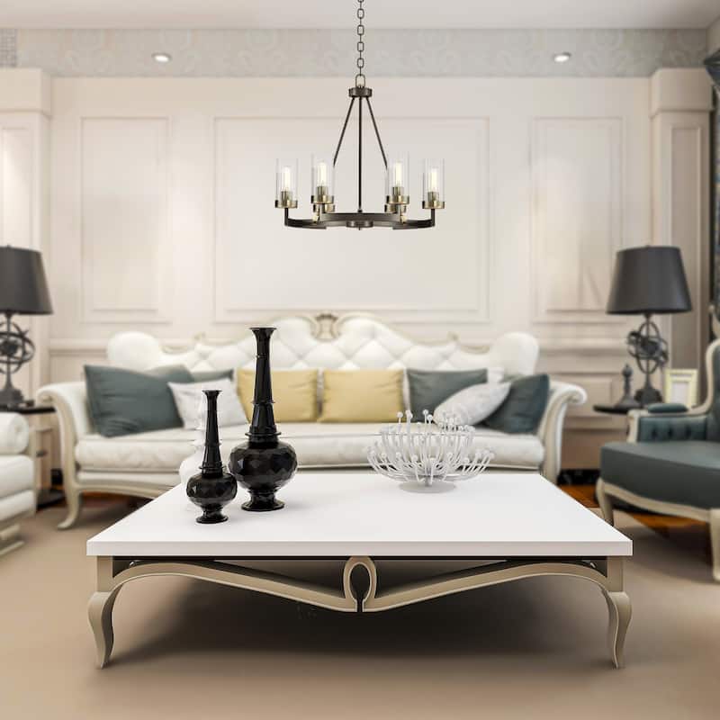 Bronze and Antique Gold 6-Light Round Chandelier with Ribbed Glass Shades