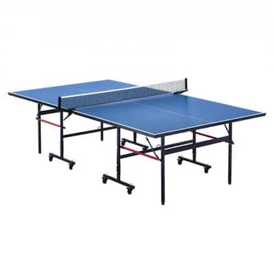 Blue MDF Foldable Ping Pong Table with Wheels and Net Set - 107.9” L x 60” W x 30” H