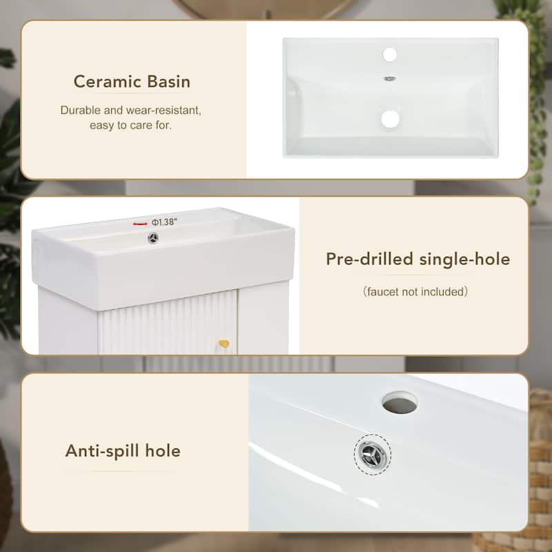 Wall-Mounted Bathroom Vanity Small Space Floating Cabinet with Sink, Wave-Patterned Door, Metal Handle and Right Side Storage