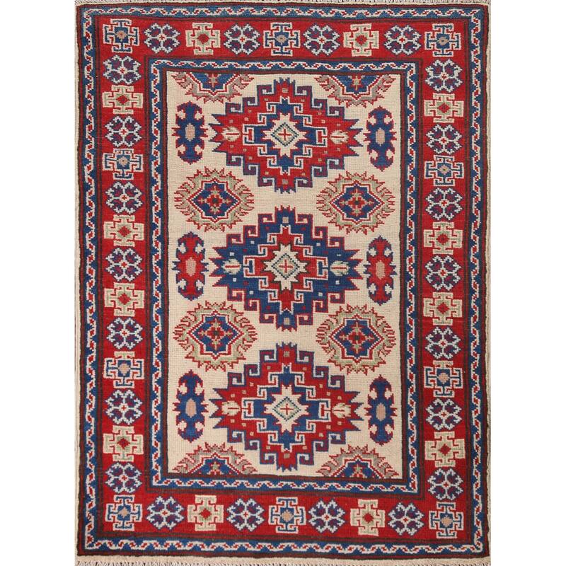 Beige Traditional Kazak Accent Rug Hand-Knotted Wool Carpet - 2'9" x 4'0"