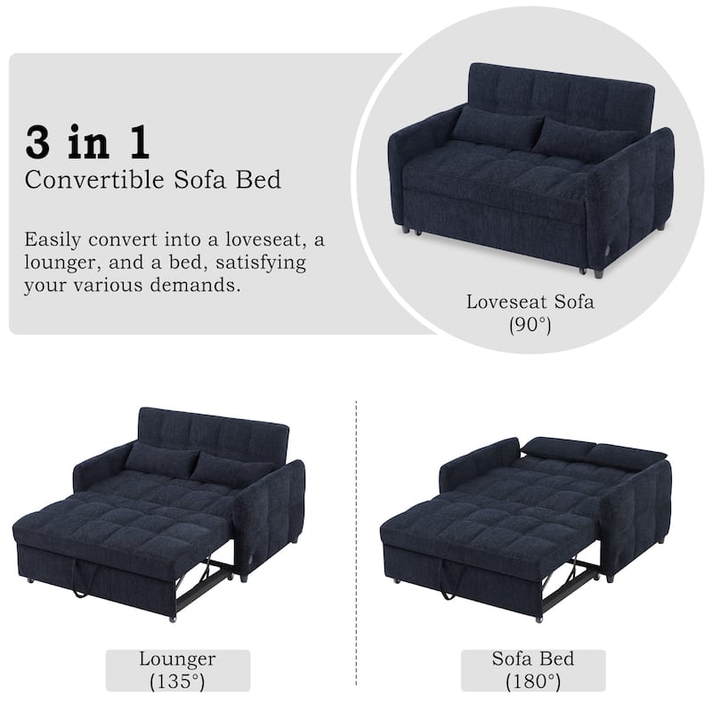 52.8" Loveseat Pull-Out Sleeper Sofa Bed with Adjustable Backrest, USB Ports and Pillows, Tufted Chenille Sofa