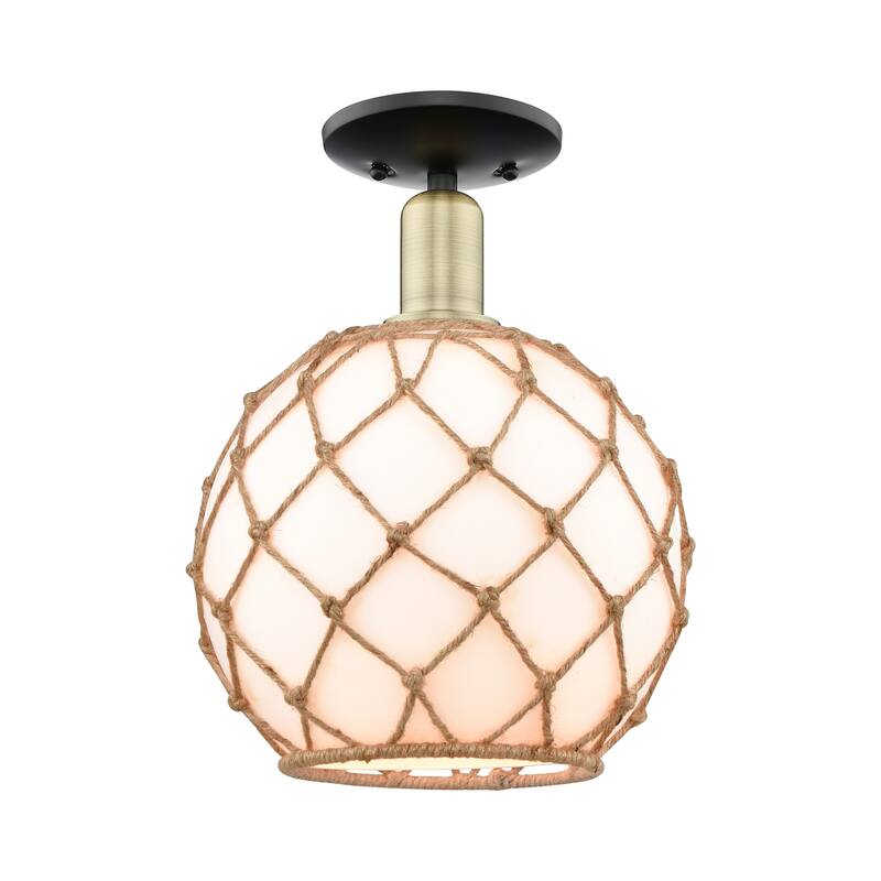 Innovations Lighting 716-1C-14-10 Farmhouse Rope Semi-Flush Farmhouse - Black Antique Brass / White Glass with Brown Rope
