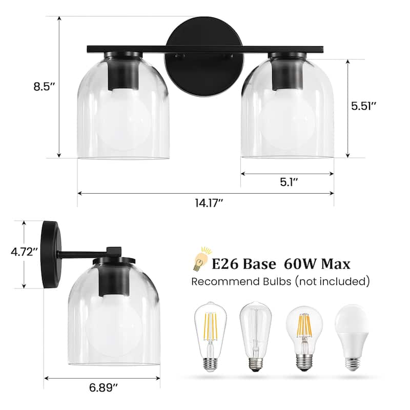 2/3/4-Light Dimmable Bathroom Vanity Light with Glass Shade - Matte Black
