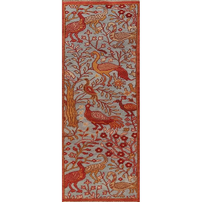 Animals Design Blue Ziegler Indian Runner Rug Hand-Knotted Wool Carpet - 2'6"x 7'11"