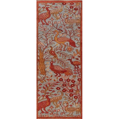Animals Design Blue Ziegler Indian Runner Rug Hand-Knotted Wool Carpet - 2'6"x 7'11"
