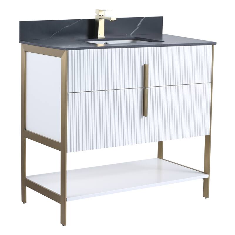 Fine Fixtures Serenity Modern Bathroom Vanity with Black Sintered Stone Top - White Matte - Brass Hardware - 36 inch