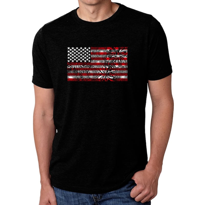 LA Pop Art Men's Premium Blend Word Art T-shirt - Fireworks American Flag - Black - XL