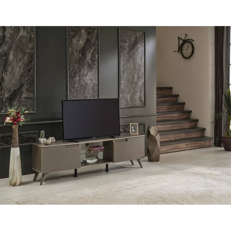 FurnisHome Store Luxia Mid Century Modern Tv Stand 2 Sliding Door Cabinet 2 Shelves 67 inch Tv Uni, White