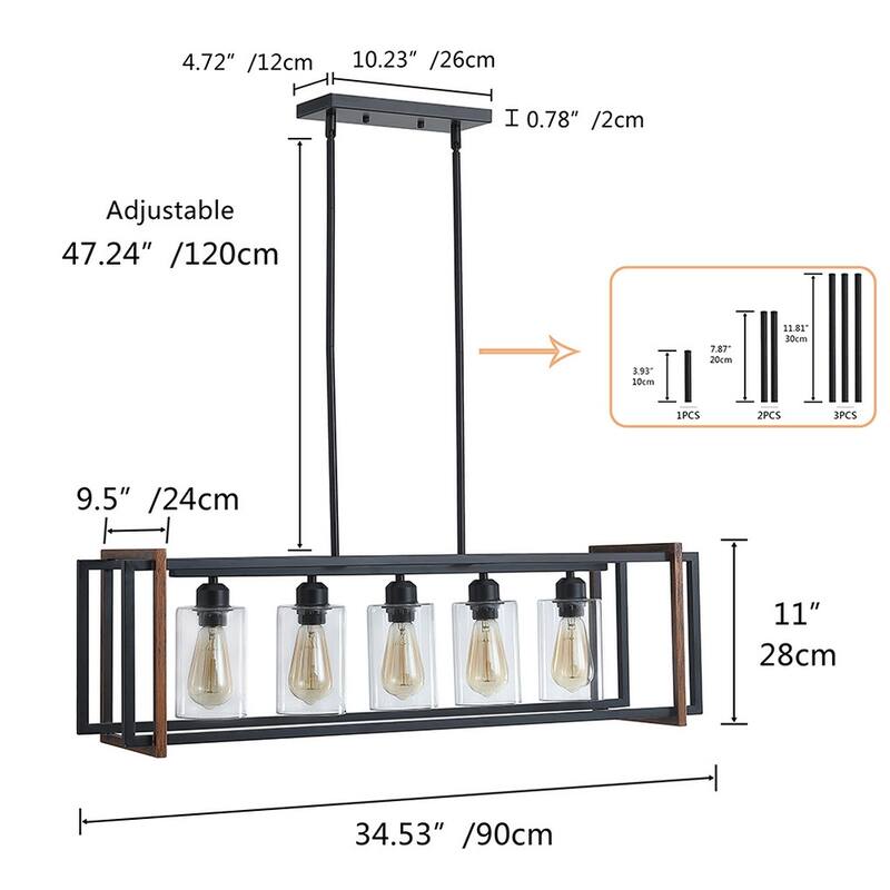 Industrial Black 5-Light Rectangular Iron Frame Kichen Island Pendant Lighting Fixture