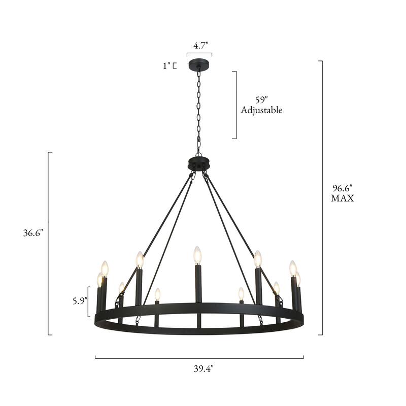 Modern Transitional Black 12-Light Wagon Wheel Chandelier for Living Dining Room - W39.4"*H36.6"