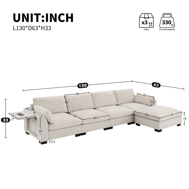 L-Shape Sectional Sofa with Folding Table, Dual-Port Charging, Side Pockets, 2 Pillows, Movable Ottoman, Chenille Modular Sofa