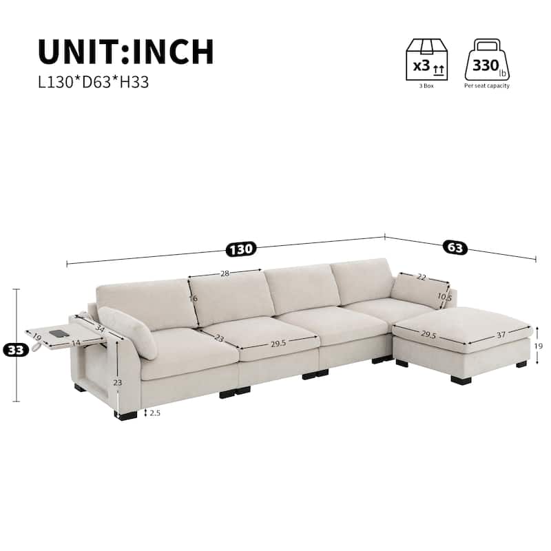 Roomfitters 130" Modular Sectional Sofa, L-Shaped Couch with Folding Table, USB Charger, Storage Pockets, Movable Ottoman