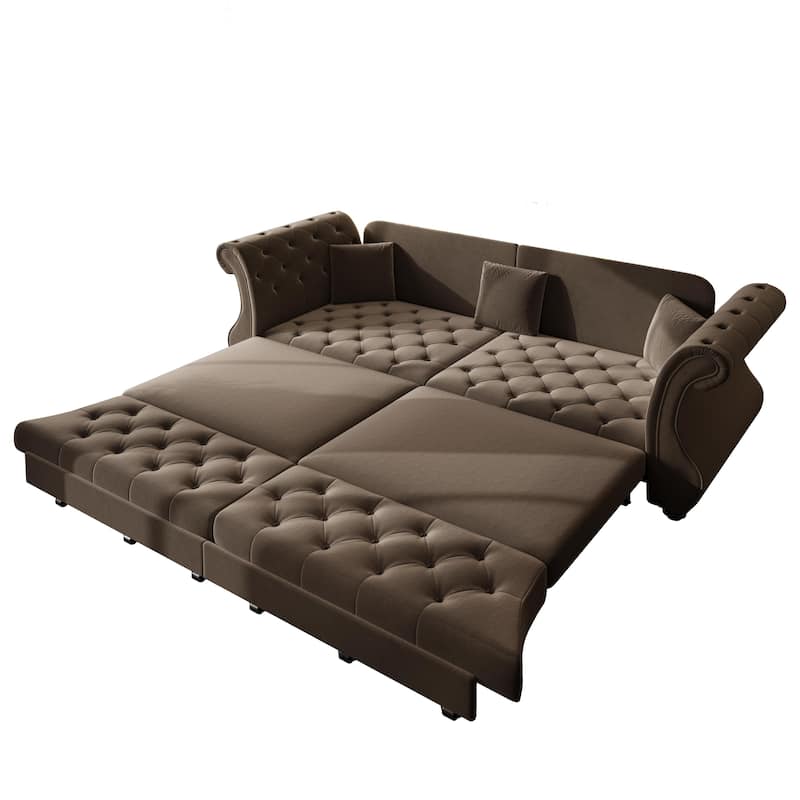Chesterfield Pull Out Sofa Bed, Oversized 3-Seater/4-Seater Velvet Couch with Flared Arms, Convertible Sleeper Sofa