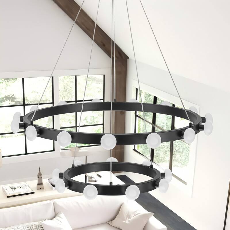 15/24-Light Mid-Century Modern Black Integrated LED Large Wagon Wheel Chandelier for Dining Room/Living Room