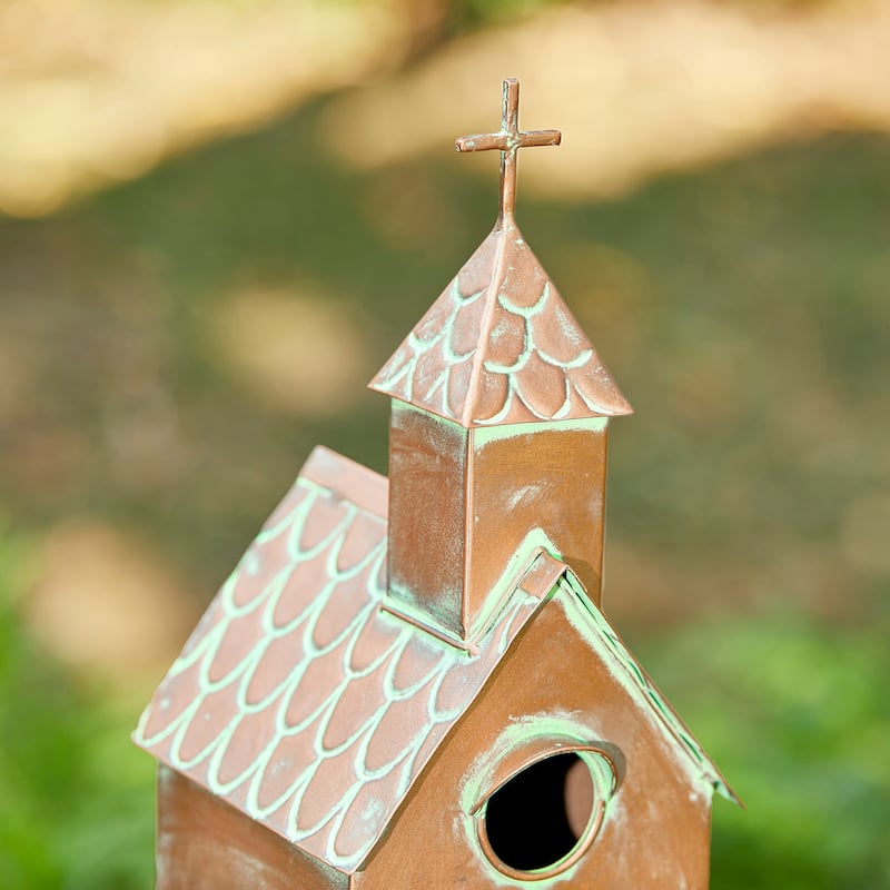 Glitzhome 53"H Farmhouse Distressed Metal Standing Churchlike Birdhouse Garden Stake