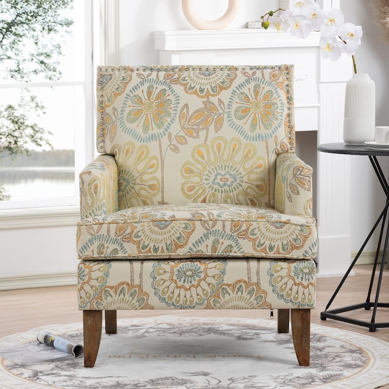 28.54" Accent Chair with Nailheads - Beige+Yellow