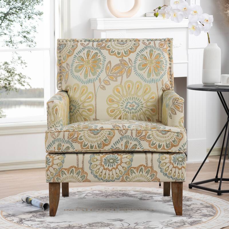 Upholstered Accent Chair with Wood Legs - Beige+yellow