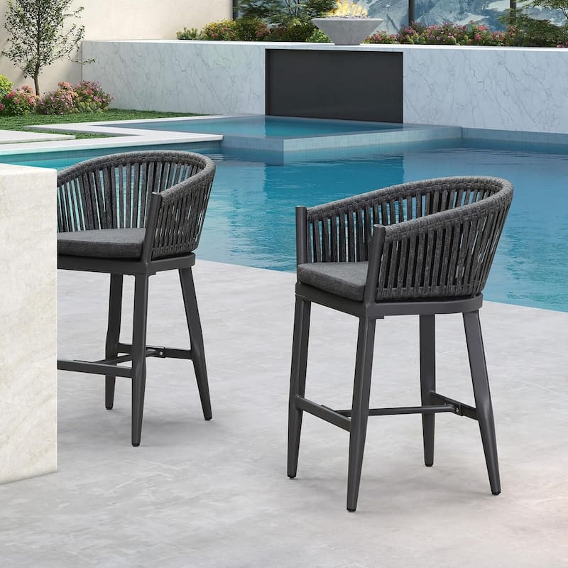 PURPLE LEAF Outdoor Bar Stools Set of 2 Patio Metal Modern Wicker Bar Chairs Woven Aluminum Barstools