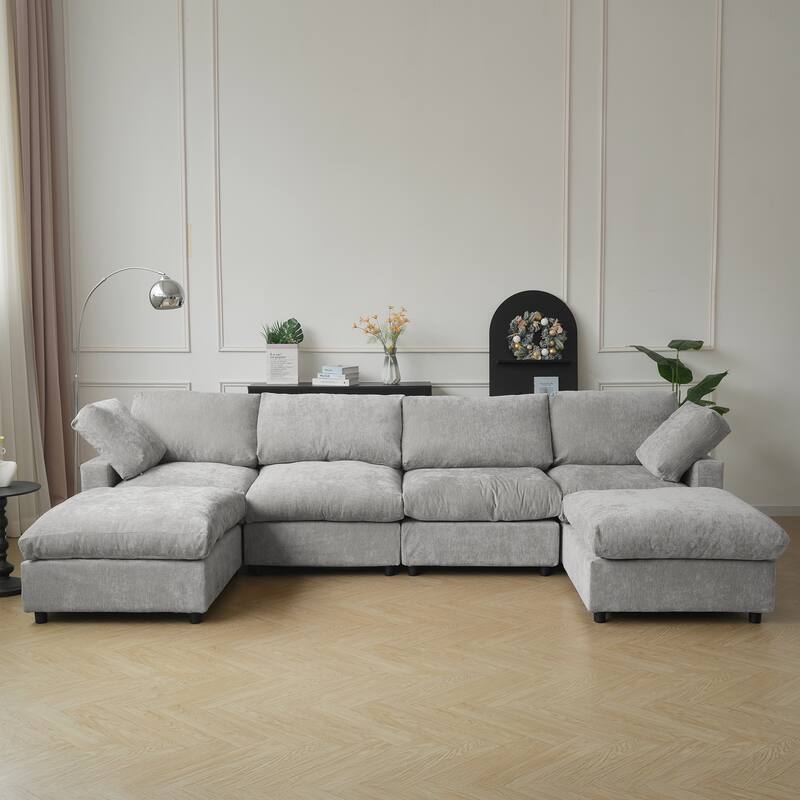 134" Cloud Sectional Couches for Living Room, Convertible U Shape Couch with Ottoman, 6 Seater Modular Sectional Sofa