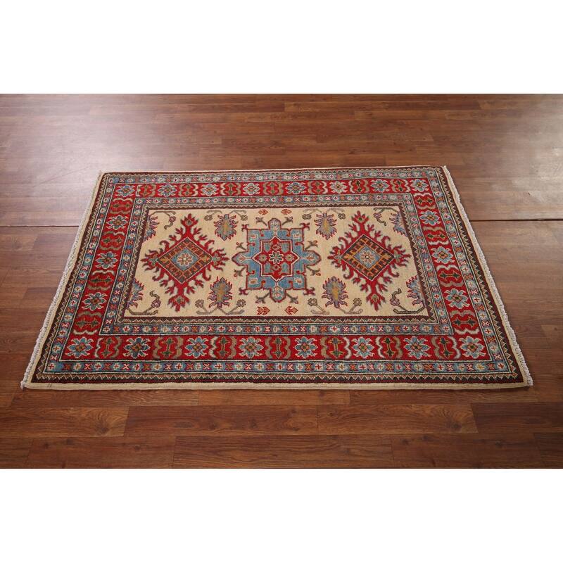 Traditional Kazak Oriental Foyer Rug Handmade Beige Wool Carpet - 3'3" x 4'11"