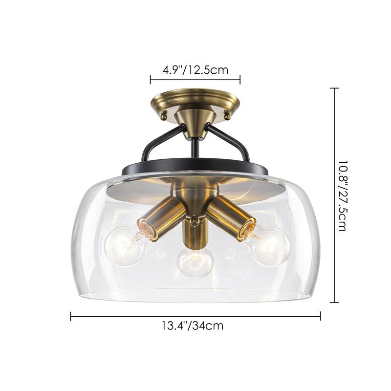 13" W 3-Light Modern Industrial Black Metal Semi-flush Mount Ceiling Light with Clear Dome Glass