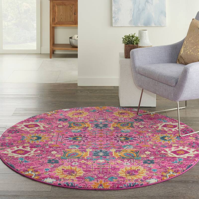 Nourison Passion Boho French Country Floral Area Rug. - 4' Round - Fuchsia - Runner