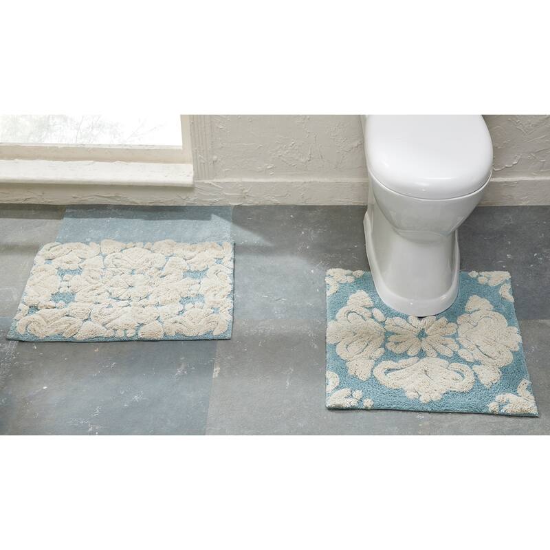 Better Trends Medallion Collection 100% Cotton 2-Pc Set Bathroom Rugs-Soft & Super Absorbent, Non-Skid Latex, Machine Washable - 2 Piece Set (17" x 24" | 20" x 20") - Blue & Natural