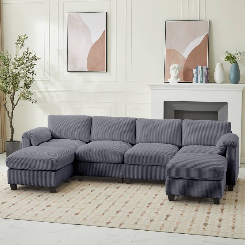 Corduroy Sectional Sofas with 2 Removable Ottomans, U-shaped Symmetrical 6-Seat Modular Couch