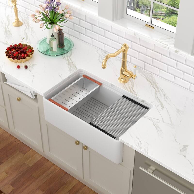 Kichae 33 Inch Ceramic Sink Undermount Workstation White Kitchen Sink - 33 in.W x 20 in.D x 10 in.H