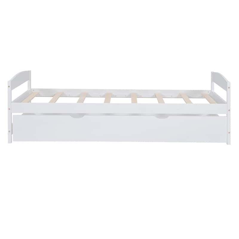 Solid Pine Twin Platform Bed with Trundle Bed, Twin Size Wooden Platform Bed Frame with Headboard and Footboard