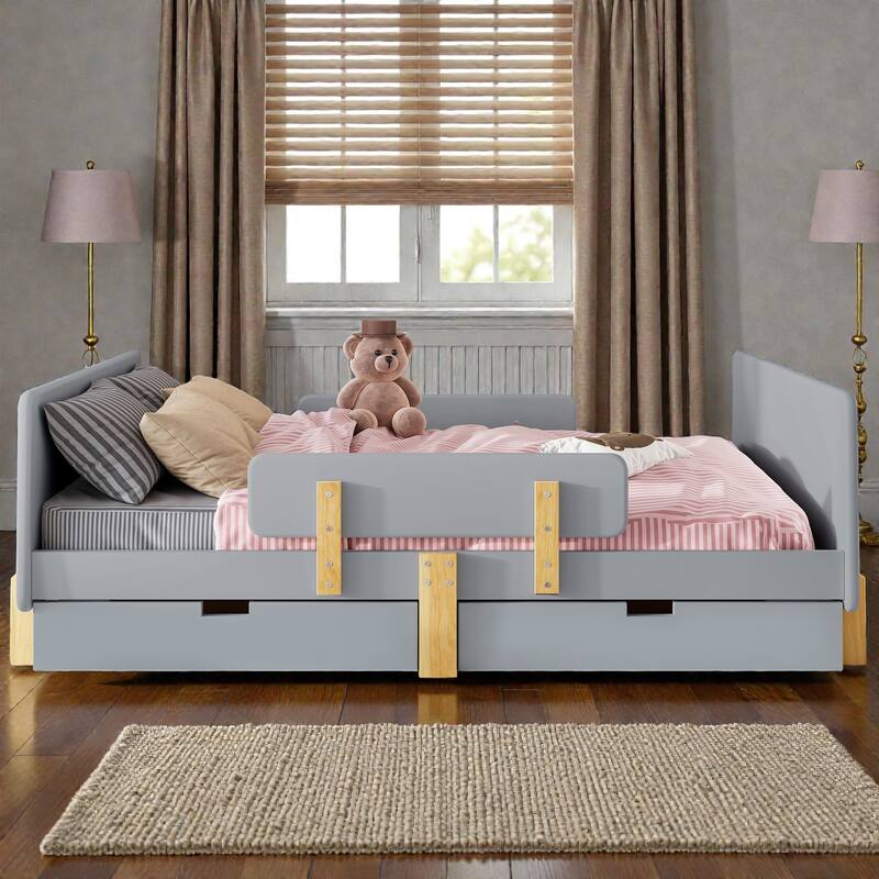 Twin/Full Wood Platform Bed with Storage Drawers, Guardrail, Shelf & Hooks, Solid Wood Frame, No Box Spring Needed