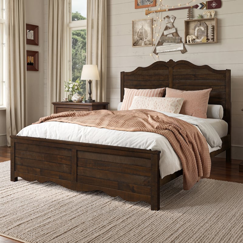 Traditional Solid Wood Bed Frame with Queen/King Size Platform Bed with Headboard for Bedroom