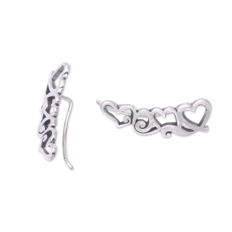 Novica Handmade Climbing Hearts Sterling Silver Ear Climber Earrings