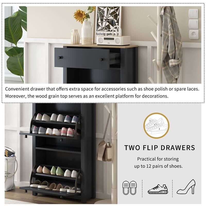 Entryway Organizer with 2 Drawers,Wood Grain Pattern Top Shoe Cabinet with Drawer, Free Standing Shoe Rack with Adjustable Panel